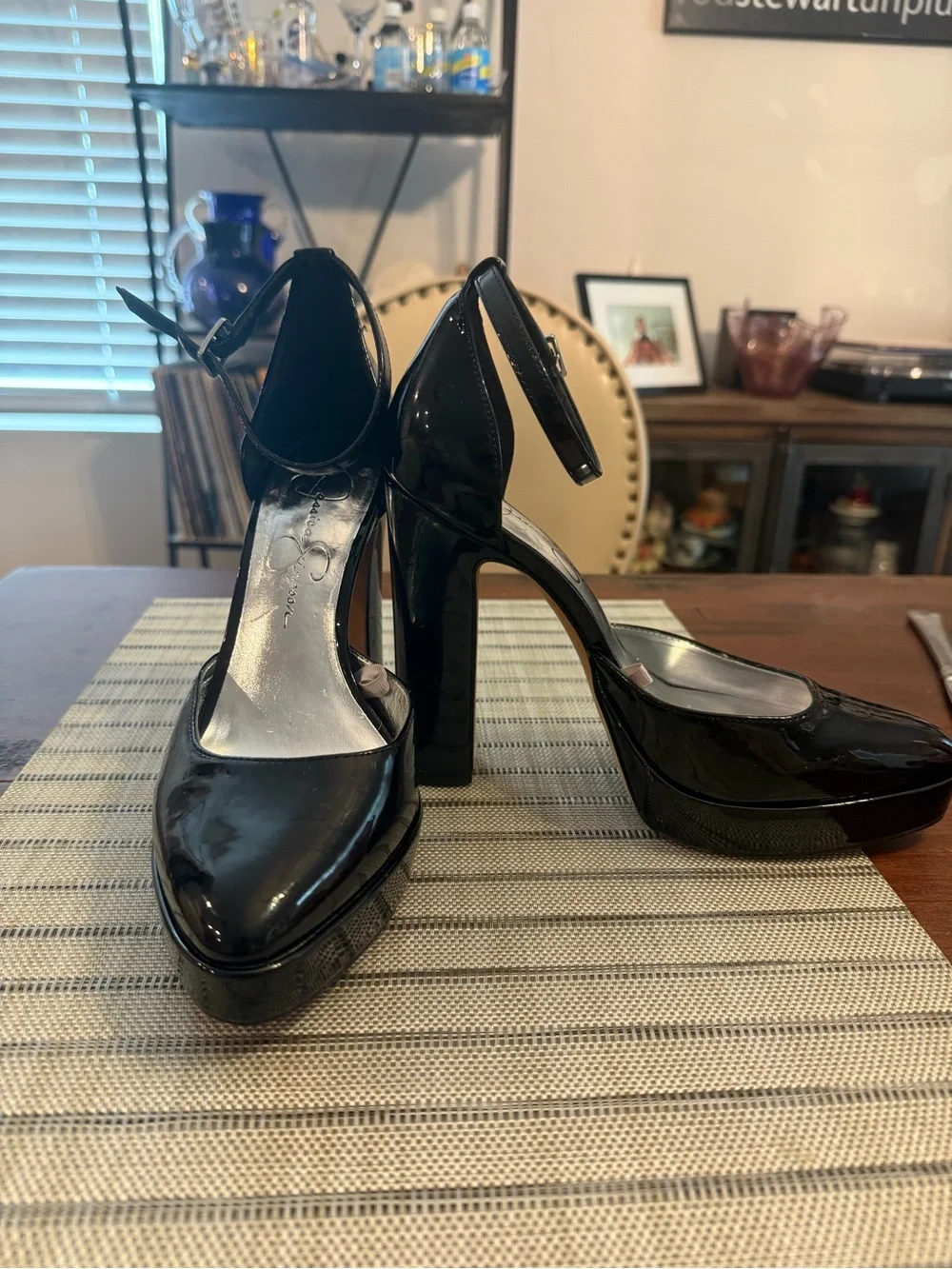Jessica Simpson Black Patent Pointed-Toe Ankle-Strap Heels